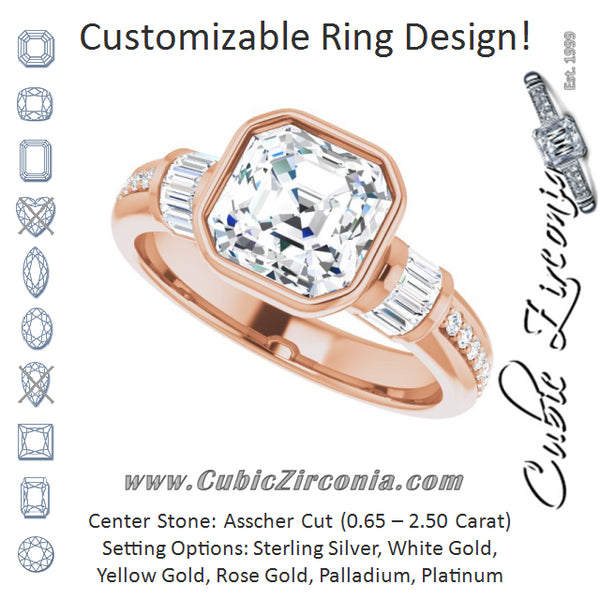 Cubic Zirconia Engagement Ring- The Danna (Customizable Cathedral-Bezel Asscher Cut Style with Horizontal Baguettes & Shared Prong Band)