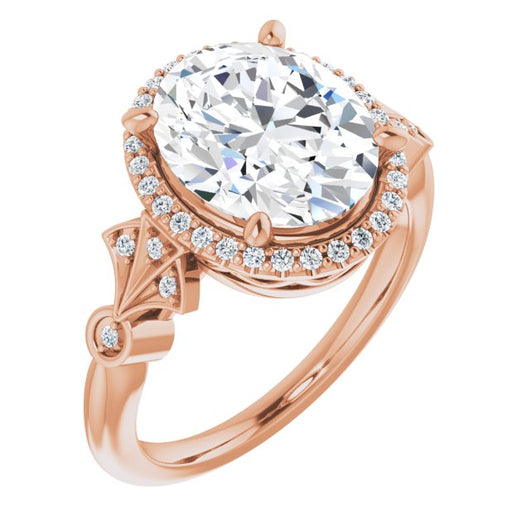 10K Rose Gold Customizable Cathedral-Crown Oval Cut Design with Halo and Scalloped Side Stones