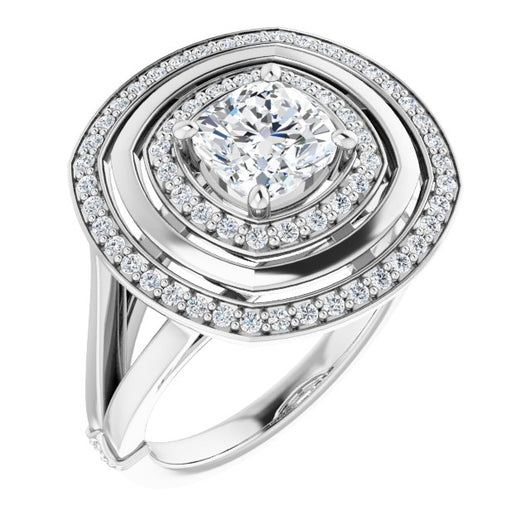 10K White Gold Customizable Cushion Cut Oversized 2x Halo Style with Knuckle Accented Split Band