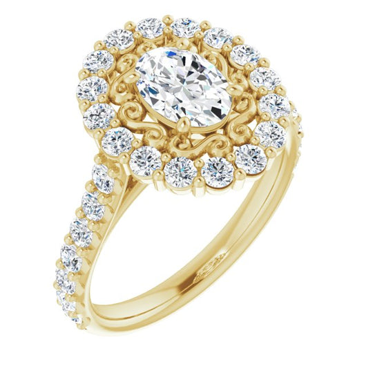 10K Yellow Gold Customizable Oval Cut Cathedral Style with Oversized Halo