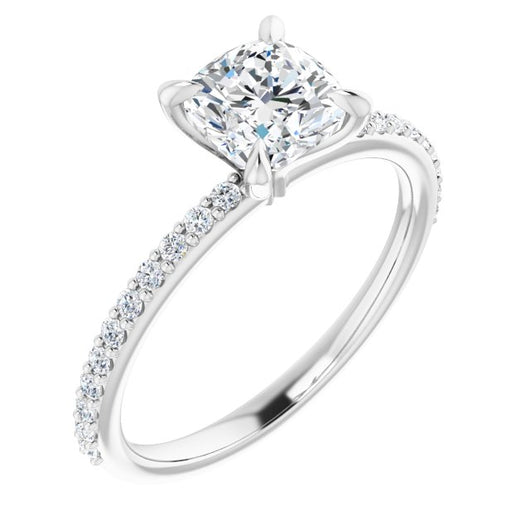 10K White Gold Customizable Cushion Cut Style with Delicate Pavé Band