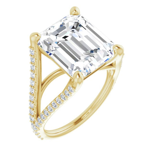 10K Yellow Gold Customizable Cathedral-raised Emerald/Radiant Cut Center with Exquisite Accented Split-band