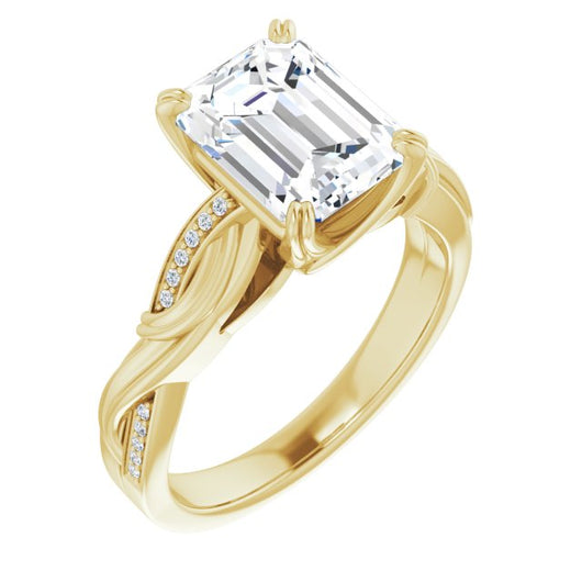 10K Yellow Gold Customizable Cathedral-raised Emerald/Radiant Cut Design featuring Rope-Braided Half-Pavé Band