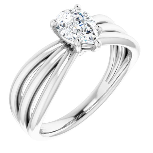 10K White Gold Customizable Pear Cut Solitaire Design with Wide, Ribboned Split-band