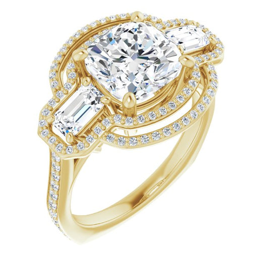 10K Yellow Gold Customizable Enhanced 3-stone Style with Cushion Cut Center, Emerald Cut Accents, Double Halo and Thin Shared Prong Band