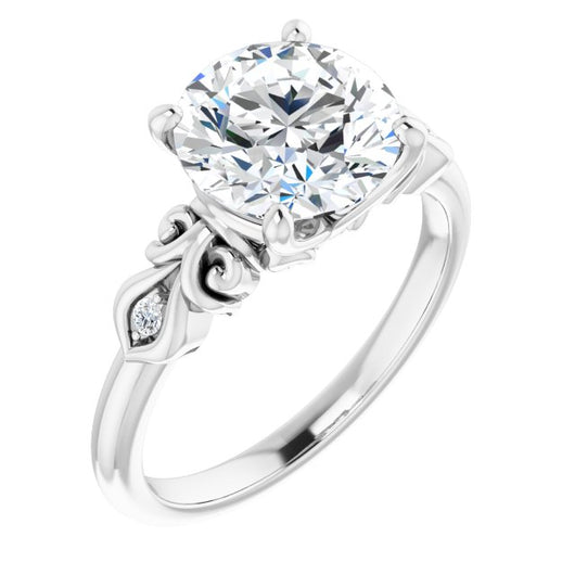 10K White Gold Customizable 3-stone Round Cut Design with Small Round Accents and Filigree