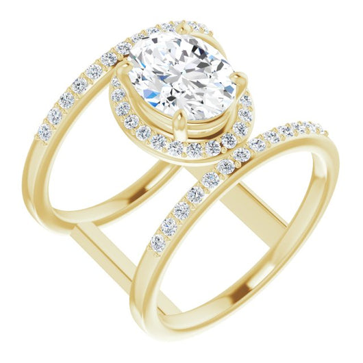 10K Yellow Gold Customizable Oval Cut Halo Design with Open, Ultrawide Harness Double Pavé Band