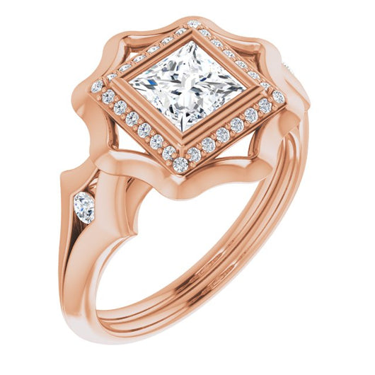 10K Rose Gold Customizable Bezel-set Princess/Square Cut with Halo & Oversized Floral Design