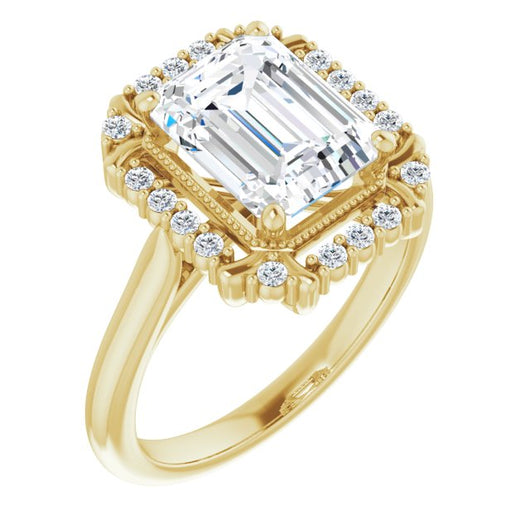 10K Yellow Gold Customizable Emerald/Radiant Cut Design with Majestic Crown Halo and Raised Illusion Setting