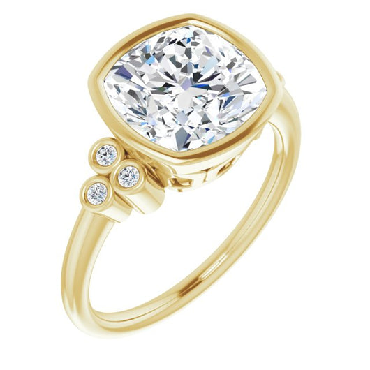 10K Yellow Gold Customizable 7-stone Cushion Cut Style with Triple Round-Bezel Accent Cluster Each Side