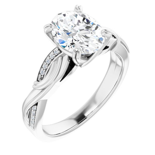 10K White Gold Customizable Cathedral-raised Oval Cut Design featuring Rope-Braided Half-Pavé Band