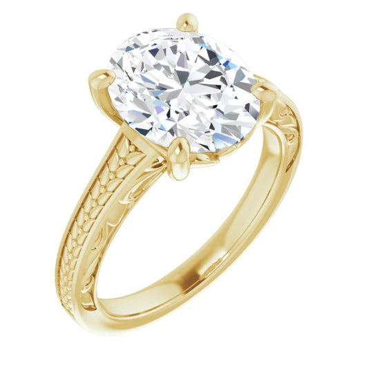 10K Yellow Gold Customizable Oval Cut Solitaire with Organic Textured Band and Decorative Prong Basket