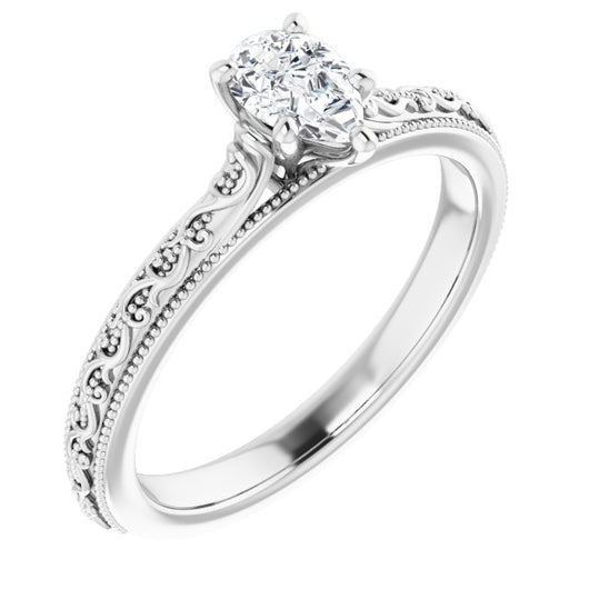 10K White Gold Customizable Pear Cut Solitaire with Delicate Milgrain Filigree Band