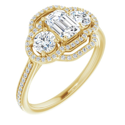 10K Yellow Gold Customizable Enhanced 3-stone Double-Halo Style with Emerald/Radiant Cut Center and Thin Band