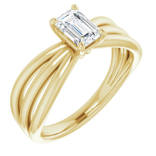 10K Yellow Gold Customizable Emerald/Radiant Cut Solitaire Design with Wide, Ribboned Split-band