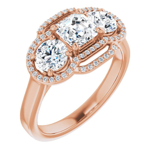 10K Rose Gold Customizable Cathedral-set Enhanced 3-stone Asscher Cut Design with Multidirectional Halo