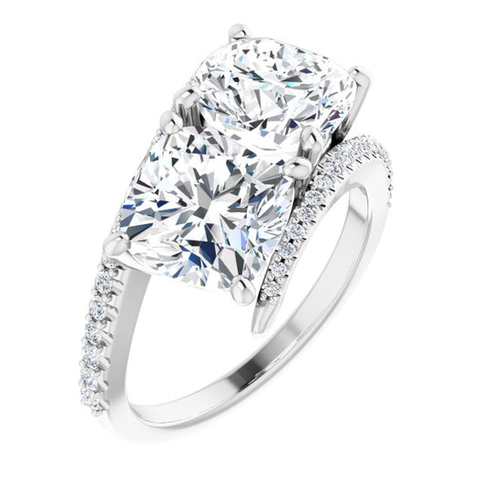 10K White Gold Customizable Double Cushion Cut 2-stone Design with Ultra-thin Bypass Band and Pavé Enhancement