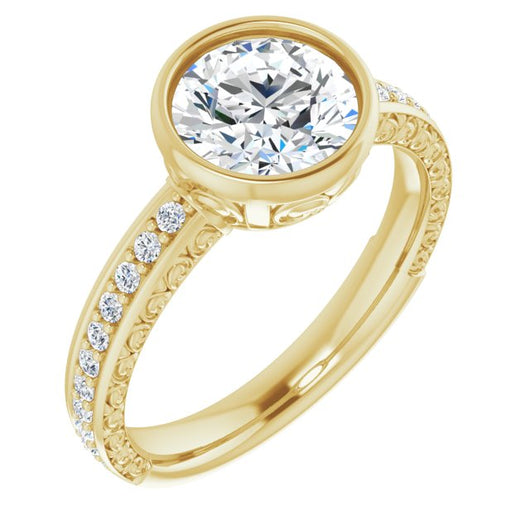 10K Yellow Gold Customizable Bezel-set Round Cut Design with Cloud-pattern Band & Semi-Eternity Accents