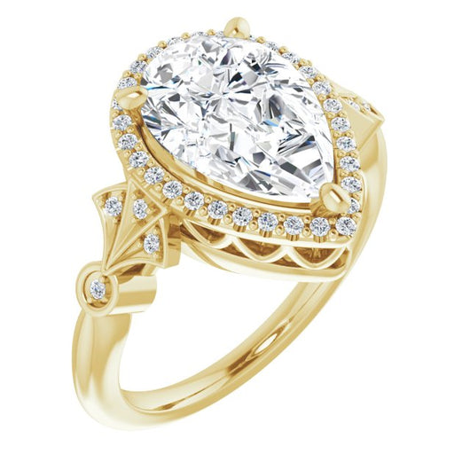 10K Yellow Gold Customizable Cathedral-Crown Pear Cut Design with Halo and Scalloped Side Stones