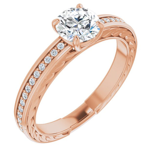 10K Rose Gold Customizable Round Cut Design with Rope-Filigree Hammered Inlay & Round Channel Accents