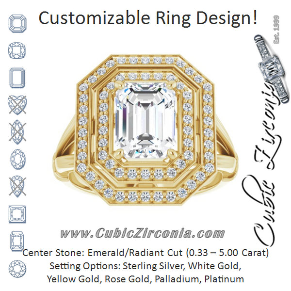 Cubic Zirconia Engagement Ring- The Cheryl (Customizable Cathedral-set Emerald Cut Design with Double Halo, Wide Split Band and Side Knuckle Accents)