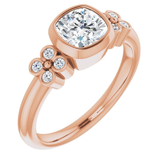 10K Rose Gold Customizable 9-stone Bezel-set Cushion Cut Design with Quad Round Bezel Side Stones Each Side