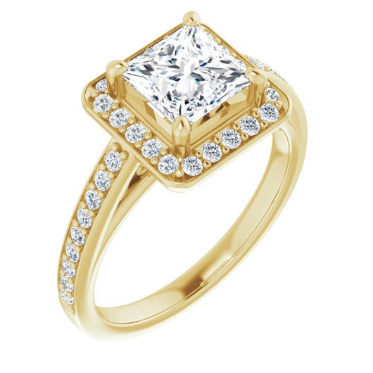 10K Yellow Gold Customizable Princess/Square Cut Style with Halo and Sculptural Trellis