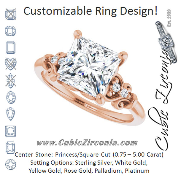 Cubic Zirconia Engagement Ring- The Amice (Customizable Vintage 5-stone Design with Princess/Square Cut Center and Artistic Band Décor)