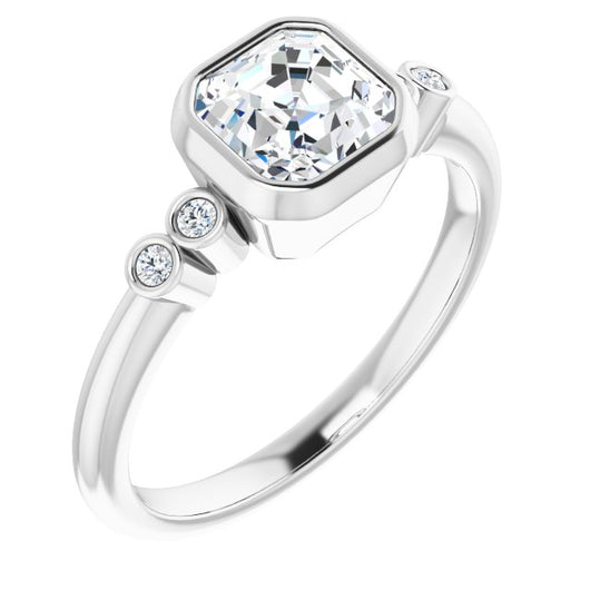 10K White Gold Customizable 5-stone Bezel-set Asscher Cut Design with Quad Round-Bezel Side Stones