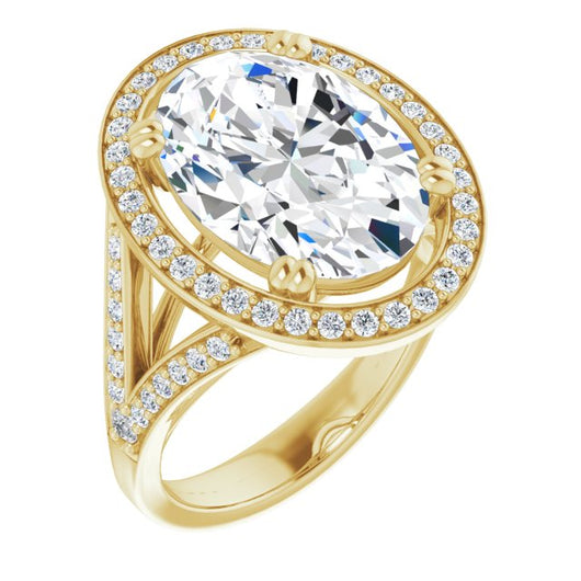 10K Yellow Gold Customizable Cathedral-set Oval Cut Style with Accented Split Band and Halo