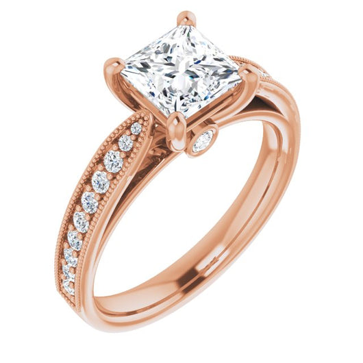 10K Rose Gold Customizable Princess/Square Cut Style featuring Milgrained Shared Prong Band & Dual Peekaboos