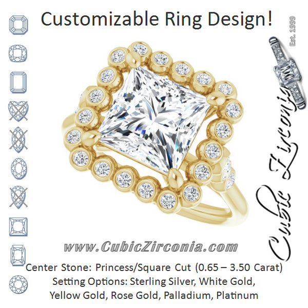 Cubic Zirconia Engagement Ring- The Chandni (Customizable Princess/Square Cut Cathedral-Style Clustered Halo Design with Round Bezel Accents)