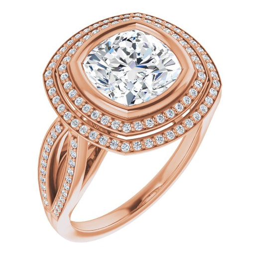 10K Rose Gold Customizable Bezel-set Cushion Cut Style with Double Halo and Split Shared Prong Band