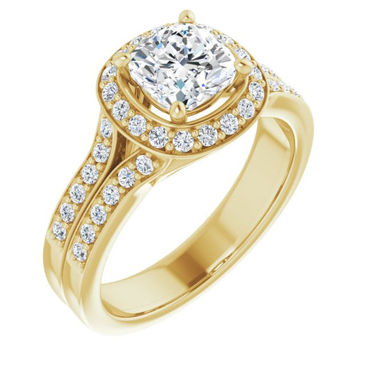 10K Yellow Gold Customizable Cushion Cut Halo Style with Accented Split-Band