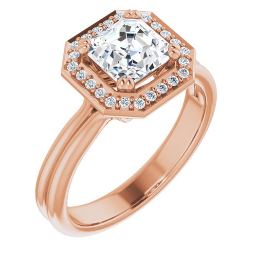 10K Rose Gold Customizable Asscher Cut Style with Scooped Halo and Grooved Band