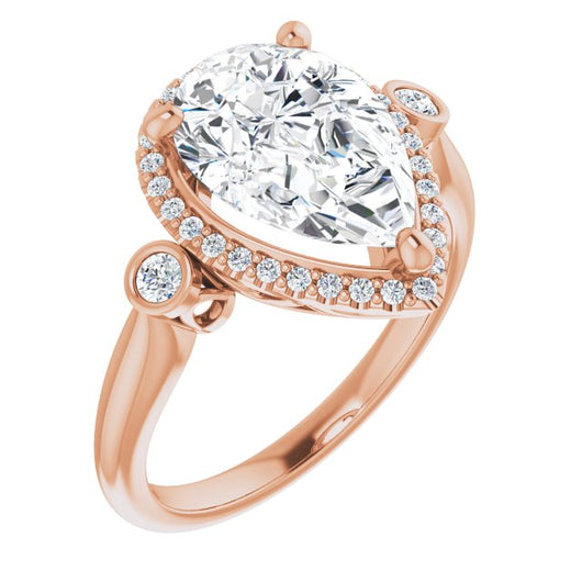 10K Rose Gold Customizable Pear Cut Style with Halo and Twin Round Bezel Accents