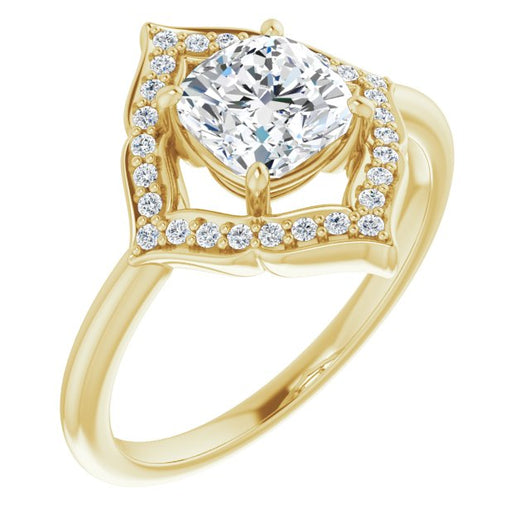 10K Yellow Gold Customizable Cushion Cut Style with Artistic Equilateral Halo and Ultra-thin Band