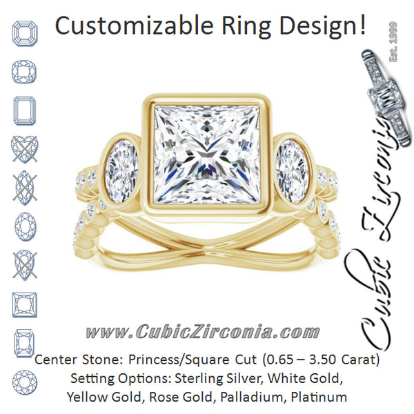 Cubic Zirconia Engagement Ring- The Tamanna (Customizable Bezel-set Princess/Square Cut Design with Dual Bezel-Oval Accents and Round-Bezel Accented Split Band)