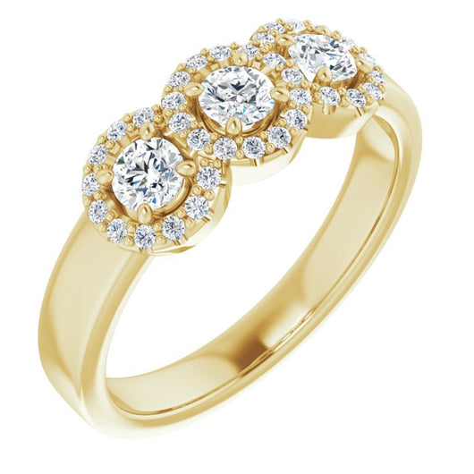 10K Yellow Gold Customizable Round Cut Triple Halo 3-stone Design