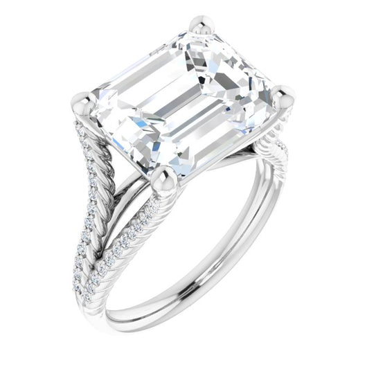 10K White Gold Customizable Emerald/Radiant Cut Style with Split Band and Rope-Pavé