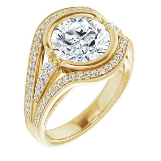 10K Yellow Gold Customizable Cathedral-Bezel Round Cut Design with Wide Triple-Split-Pavé Band