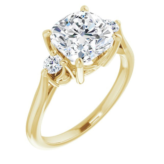 10K Yellow Gold Customizable Three-stone Cushion Cut Design with Small Round Accents and Vintage Trellis/Basket