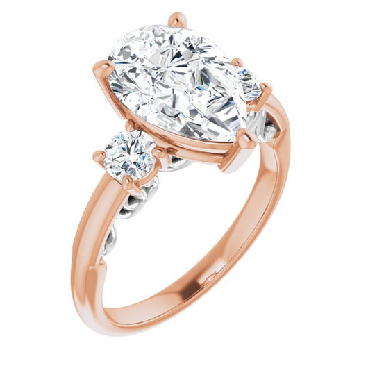 14K Rose & White Gold Customizable Pear Cut 3-stone Style featuring Heart-Motif Band Enhancement