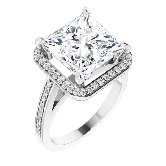 10K White Gold Customizable Cathedral-set Princess/Square Cut Design with Halo, Thin Pavé Band & Round-Bezel Peekaboos