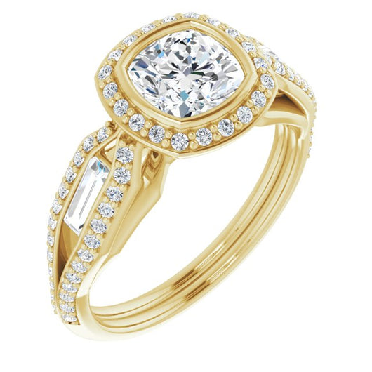 10K Yellow Gold Customizable Cathedral-Bezel Cushion Cut Design with Halo, Split-Pavé Band & Channel Baguettes