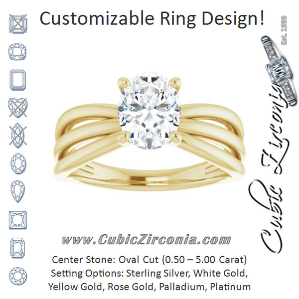 Cubic Zirconia Engagement Ring- The Maha (Customizable Oval Cut Solitaire Design with Wide, Ribboned Split-band)