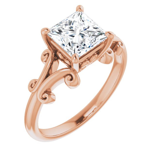 10K Rose Gold Customizable Princess/Square Cut Solitaire with Band Flourish and Decorative Trellis