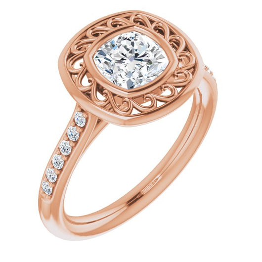 10K Rose Gold Customizable Cathedral-Bezel Cushion Cut Design with Floral Filigree and Thin Shared Prong Band