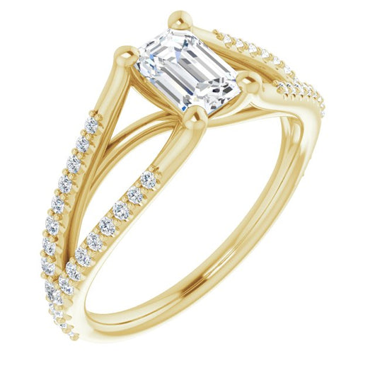 10K Yellow Gold Customizable Cathedral-raised Emerald/Radiant Cut Center with Exquisite Accented Split-band