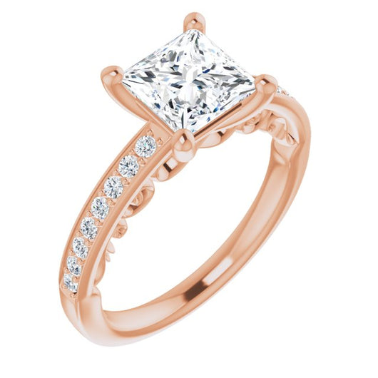 10K Rose Gold Customizable Princess/Square Cut Design featuring 3-Sided Infinity Trellis and Round-Channel Accented Band